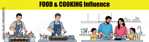 Chefs grilling food and a family preparing a meal in a kitchen cooking