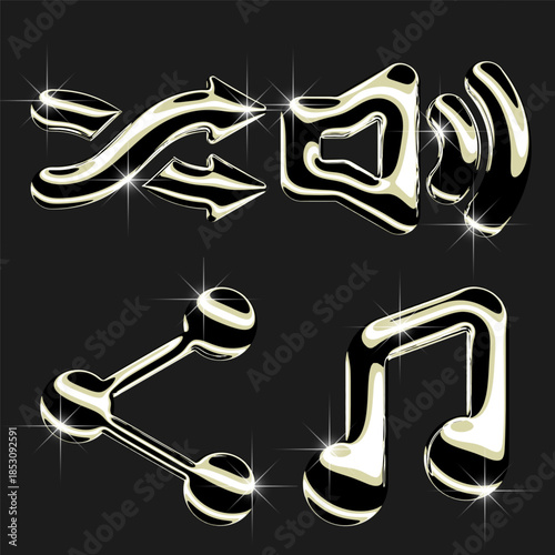 Set of Music app, media player icons in Gold, Chrome 3d illustration.