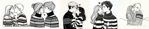 vector line art couple kissing passionately