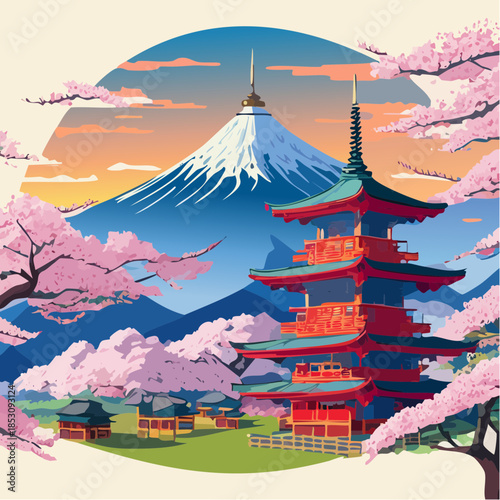 Scenic View of Japanese Temple with Mount Fuji and Sakura