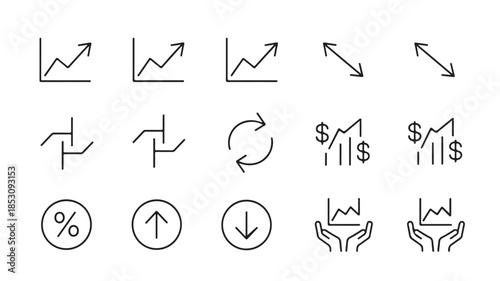 Financial growth icons in minimalist style with black line art on white background for business infographics