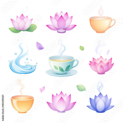 Collection of tranquil lotus blooms, steaming teacups, and water symbols, peaceful elements on transparent background