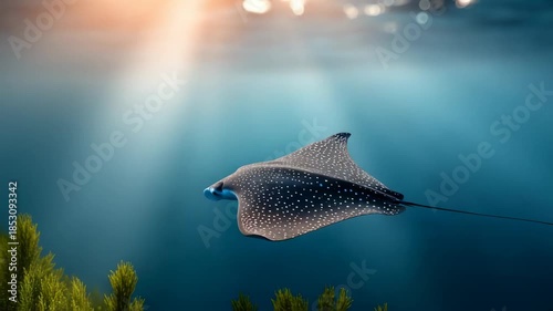 Majestic spotted eagle ray gliding through sunlit ocean depths