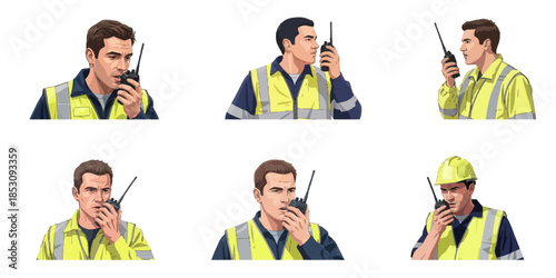 Set Collection A man in a high-visibility vest speaking into one handheld radios on a white background