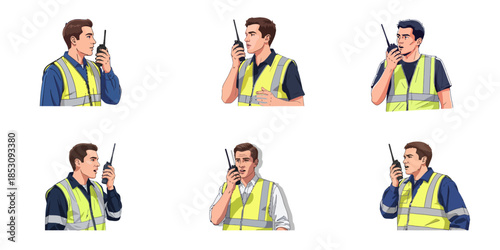 Set Collection A man in a high-visibility vest speaking into one handheld radios on a white background