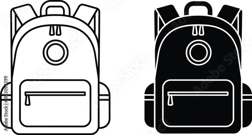 Backpack Icon Set, Minimalist Line Art, Black and White Contrast, School Bag Design, Travel Gear Illustration