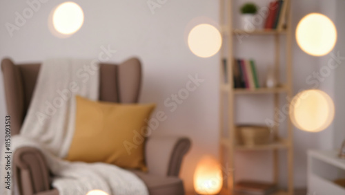 A blurred indoor scene features a cozy reading or relaxation nook illuminated by warm, glowing lights.