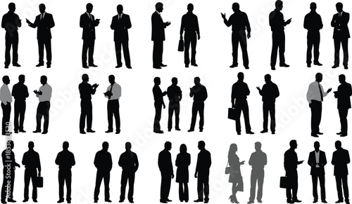 Business people silhouettes in various standing and discussion poses, corporate communication, teamwork and professional interaction concept illustration isolated on white background