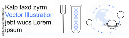 Education, research, molecular biology, astronomy, science communication, global studies. Visual includes DNA test tube, fork solar system text elements. Education and research concepts