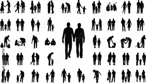Family and people silhouettes collection showing relationships, parenting, love and everyday life moments, community and social bonds concept illustration isolated on white background