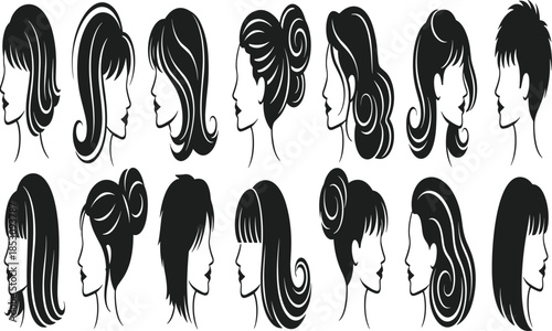 Female hairstyle silhouettes collection showing elegant profiles, beauty, fashion and hair styling concepts for salon, cosmetic and design use