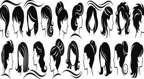 Women hairstyle silhouettes collection featuring modern haircuts and elegant profiles, beauty, fashion and salon styling concept illustration isolated on white background
