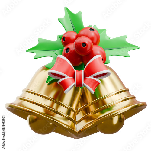 Golden christmas bells with red bow and holly berries