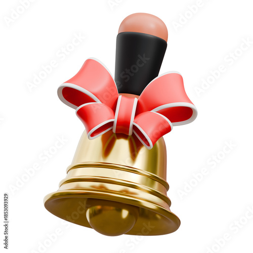 Single golden christmas bell with red bow and black clapper