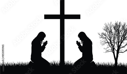 Two people praying beside Christian cross silhouettes in peaceful landscape, faith, devotion and spiritual worship concept illustration isolated on white background