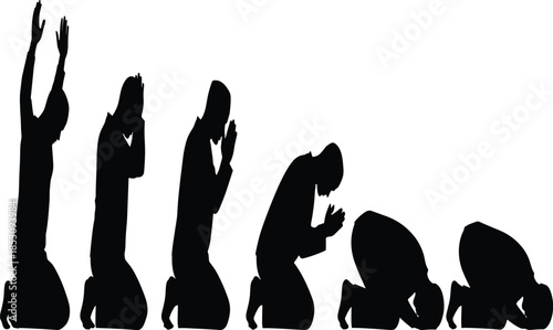 Praying human silhouettes in kneeling positions expressing faith, devotion and spiritual worship concept illustration isolated on white background
