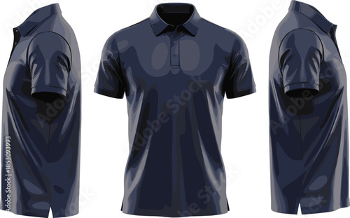 Navy blue polo shirt mockup, front side views, short sleeve realistic vector illustration for apparel branding fashion template marketing
