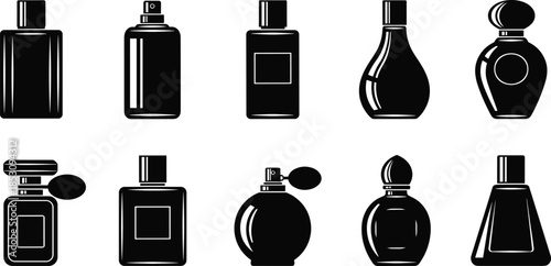 Perfume Bottle Silhouettes, Fragrance Packaging Icons, Stylish Spray and Atomizer Designs