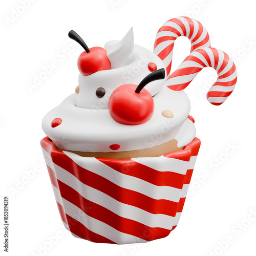 Christmas cupcake with cherry and candy cane decoration