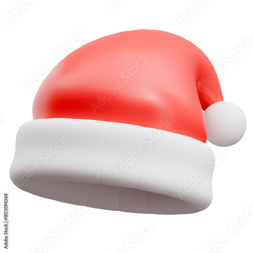 Red santa claus hat with white fluffy brim and pompom 3d illustration