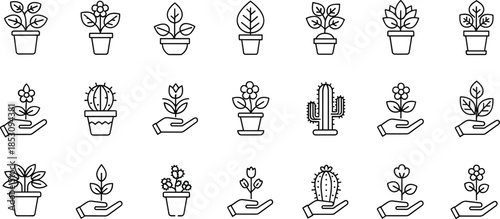 Plant and Flower Icons, Potted and Handheld, Minimalist Botanical Symbol Set