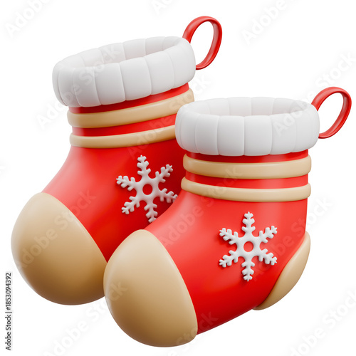 Red christmas stockings with snowflake pattern and white fur 3d illustration