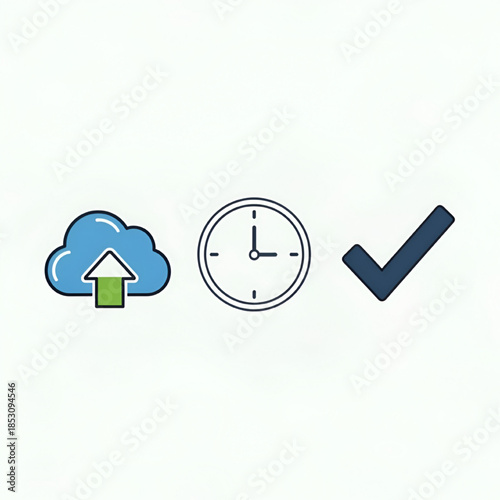 Cloud Upload with Clock and Checkmark in Simple Flat Design with Blue and Green Colors for Software Interface