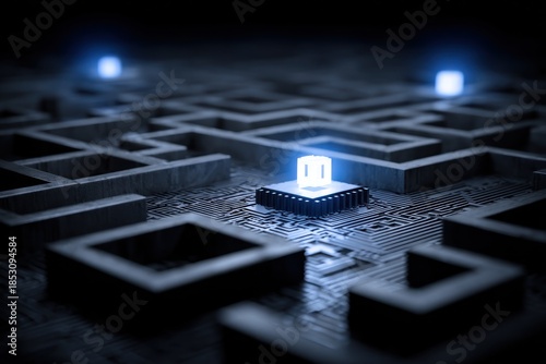 Blocks glow in a dark grid-like maze with a focus on a central block, creating an electronic look