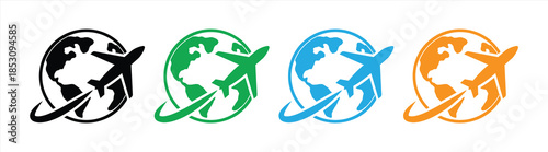 International Travel Airplane Icon with Global World Map in Multiple Colors
