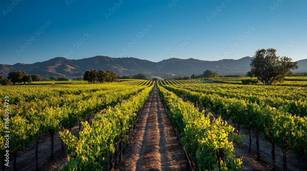 Naklejka premium Expansive Vineyard Rows Under a Clear Blue Sky with Distant Mountains.