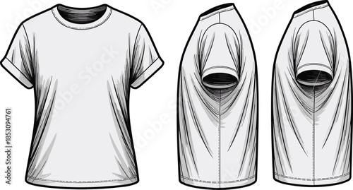 White t shirt mockup, front side back views, short sleeve vector illustration for apparel branding fashion template marketing presentation commercial