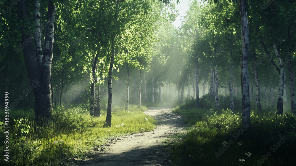Fototapeta premium Misty Forest Trail with Soft Morning Light