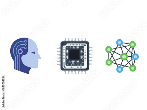 Artificial Intelligence Microchip Neural Network in Modern Minimalist Design with Blue Green Color Scheme for Technology