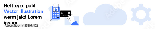 Digital payments, cloud computing, financial technology, software development, cybersecurity, online transactions. A payment card and terminal with a cloud and gear icons. Digital payments and cloud