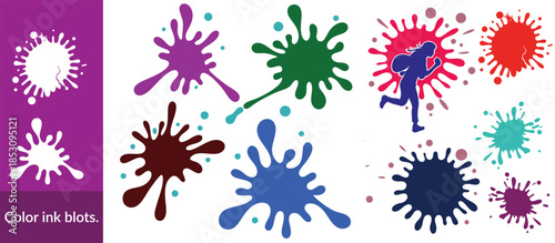 Colour ink blots. Colourful paint splatters and drips in organic splashes. Bright, playful, bold abstract graffiti spots for kids art blobs, comics, pop art design. Vector isolated set