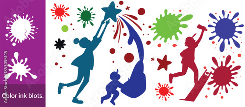 Colour ink blots. Colourful paint splatters and drips in organic splashes. Bright, playful, bold abstract graffiti spots for kids art blobs, comics, pop art design. Vector isolated set