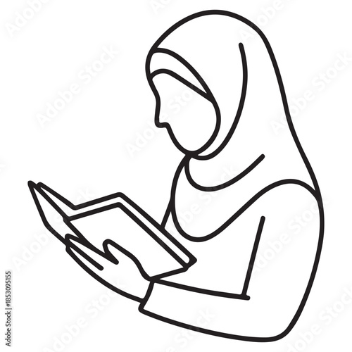 Minimalist black-and-white line drawing of a hijabi woman reading a book, symbolizing education, reflection, and cultural identity.