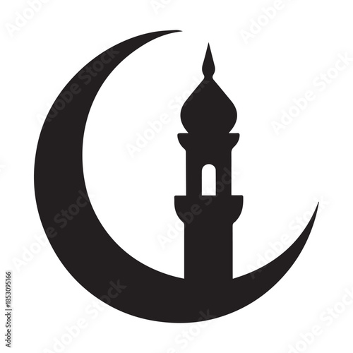 Black silhouette of a crescent moon cradling a traditional Islamic minaret, symbolizing Ramadan, prayer, and spiritual reflection in Islamic culture.