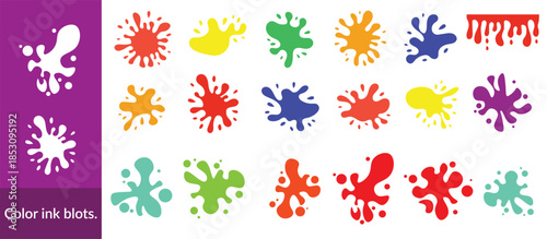 Colour ink blots. Colourful paint splatters and drips in organic splashes. Bright, playful, bold abstract graffiti spots for kids art blobs, comics, pop art design. Vector isolated set