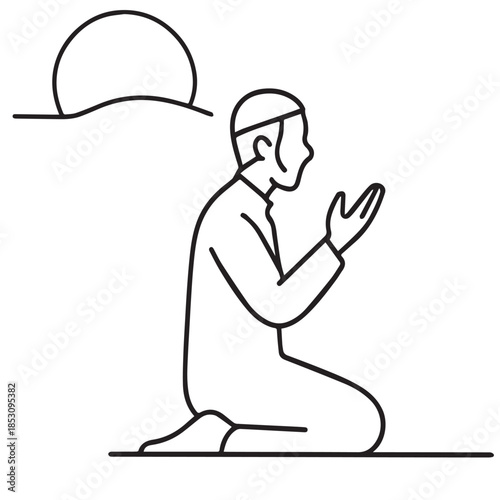 Black-and-white line illustration of a person kneeling in prayer at sunrise or sunset, wearing traditional attire and raising hands in supplication — symbolizing spiritual reflection and devotion.