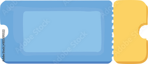 A blank blue ticket illustration with a large empty panel, perforated edges, and a yellow detachable stub, rendered in a clean flat style.