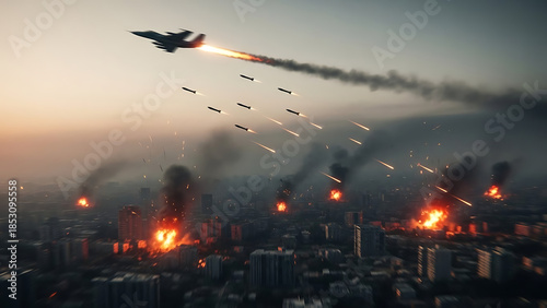 Military aerial bombardment of a city during conflict with explosions and smoke rising