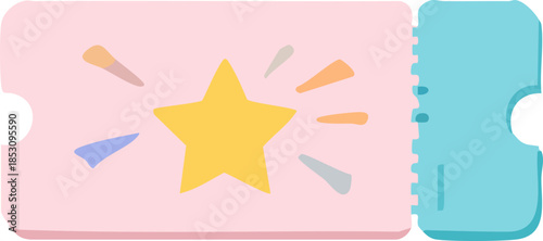 A pastel-colored flat illustration of a ticket featuring a large yellow star at the center, playful decorative shapes around it, and a detachable blue stub