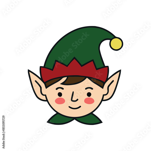 Cute cartoon Christmas elf face with a green hat and rosy cheeks, colorful character illustration isolated on white background.