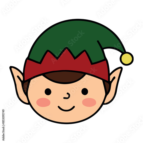 Cute cartoon Christmas elf face with rosy cheeks and a green pointed hat, colorful vector character illustration isolated on white.