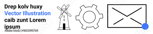 Windmill, gear, and envelope interconnected, symbolizing sustainability, productivity, and communication. Ideal for technology, teamwork, email services logistics creativity strategy simple