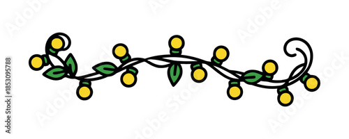 A playful vector illustration of a string of yellow light bulbs, each glowing, connected with green leaves, evoking a festive, bright mood.
