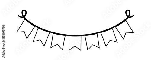 A simple black and white illustration of a string of bunting flags, ideal for decorative and festive themes.
