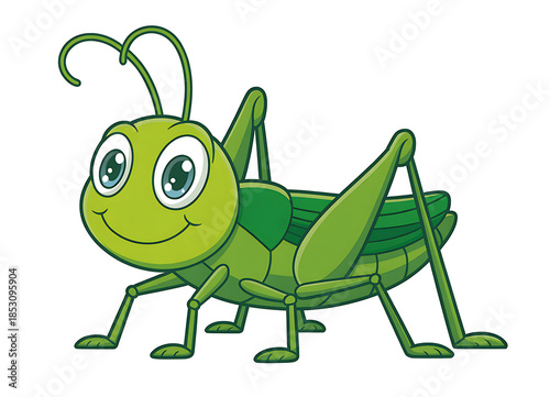 A cheerful green cartoon grasshopper with big blue eyes and a smile insect illustration