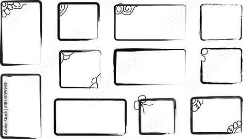 Collection of minimalist hand drawn brush stroke rectangular frames and decorative labels with floral corner ornaments for creative design projects.